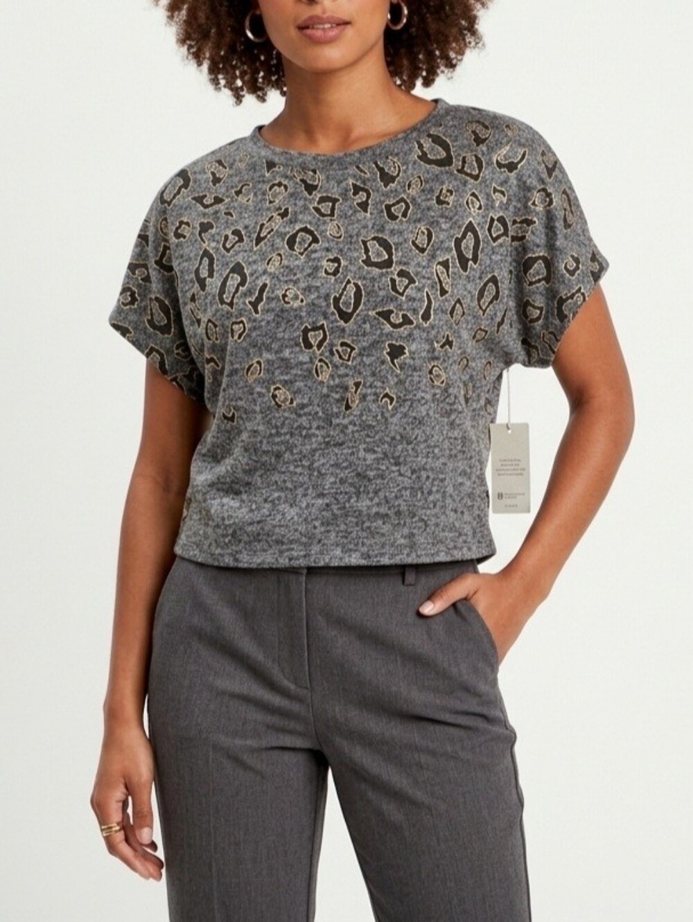 Tru Self Leopard Print Grey Gold Top Womens Size Medium